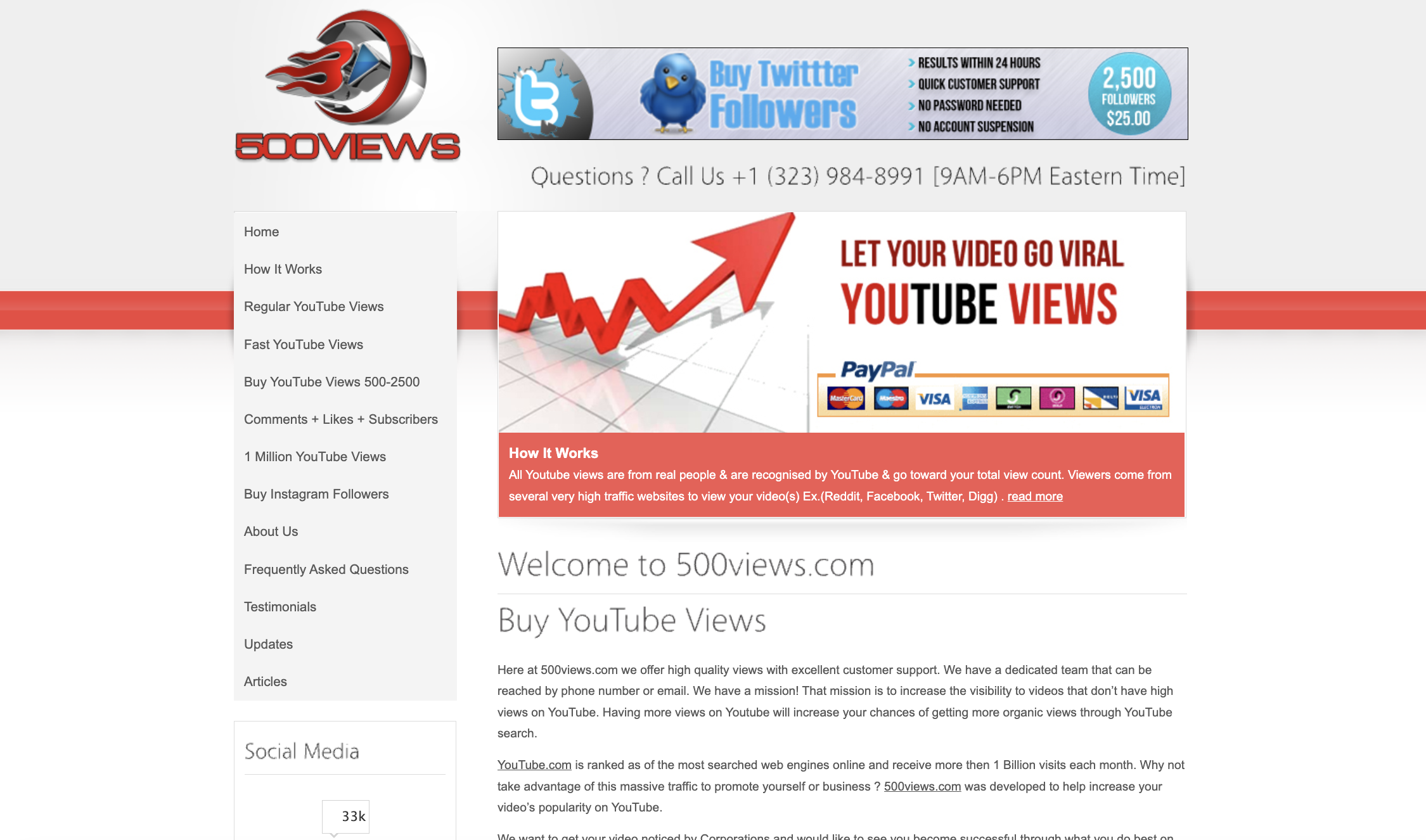 Historical 500Views.com layout captured via Wayback Machine, showing the graphic YouTube-views hero banner