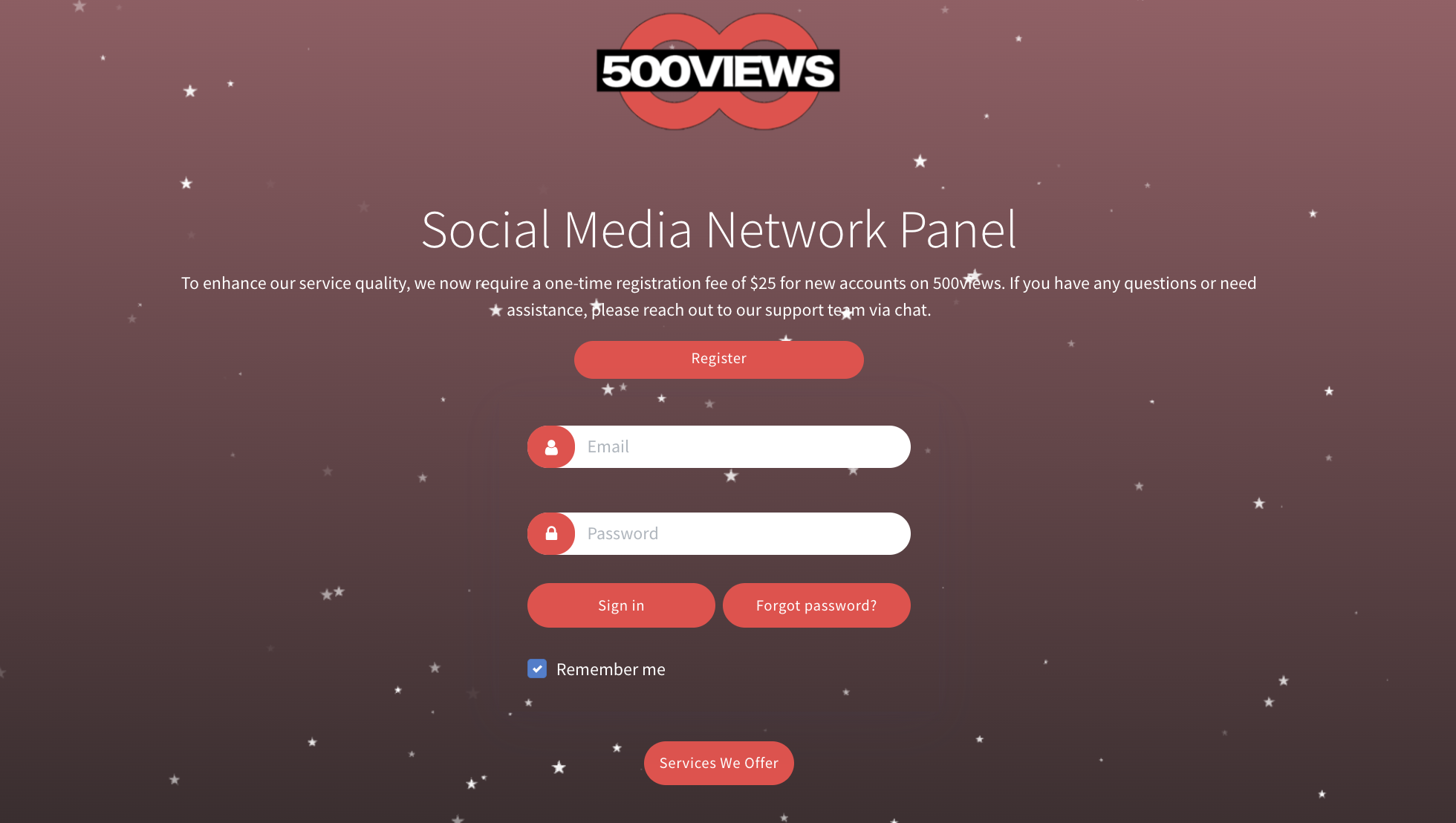 Final archived Social Media Network Panel interface capture of 500Views.com