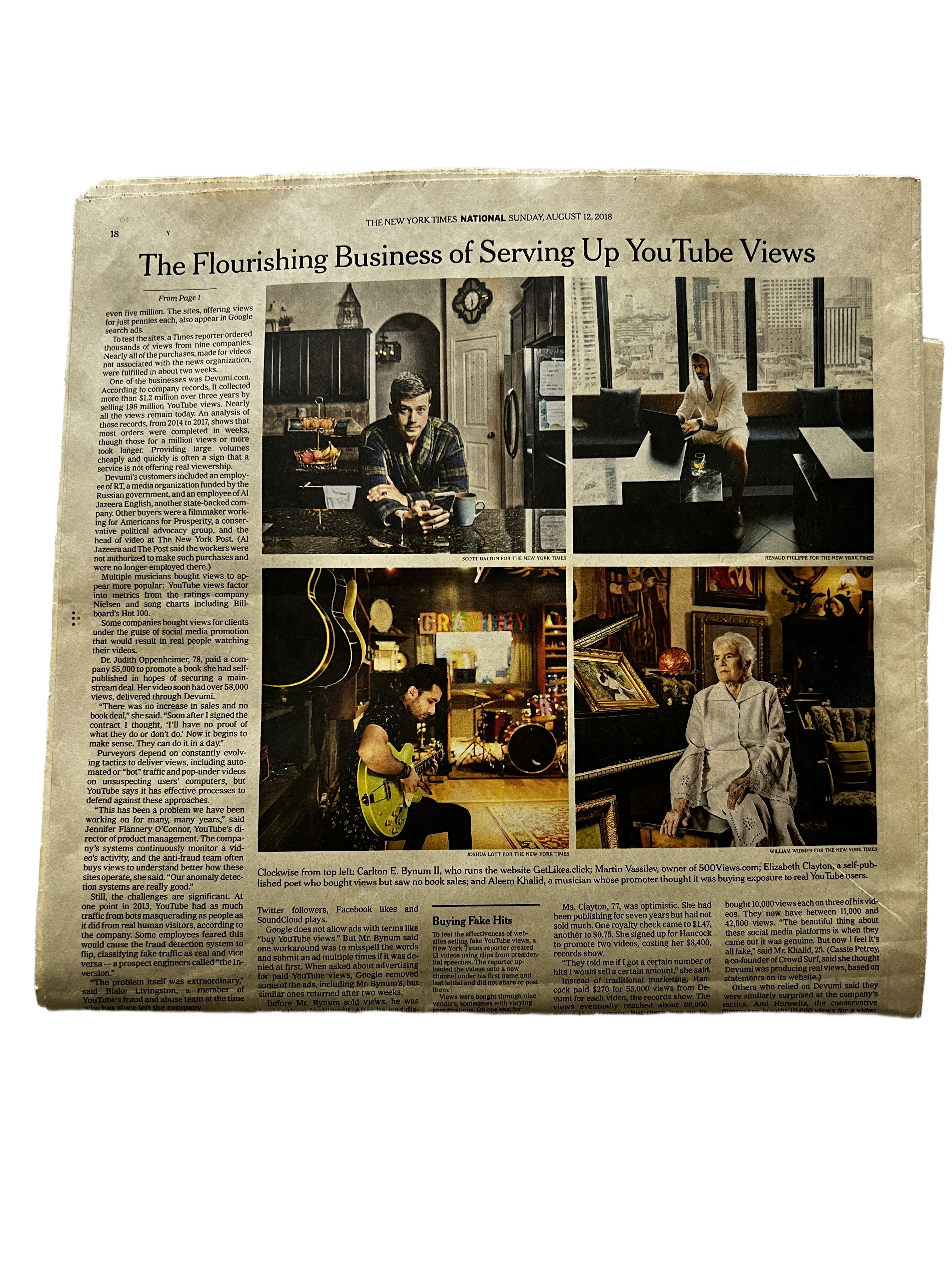 Photograph of the feature page of the New York Times showing the print headline 'The Flourishing Business of Serving Up YouTube Views'