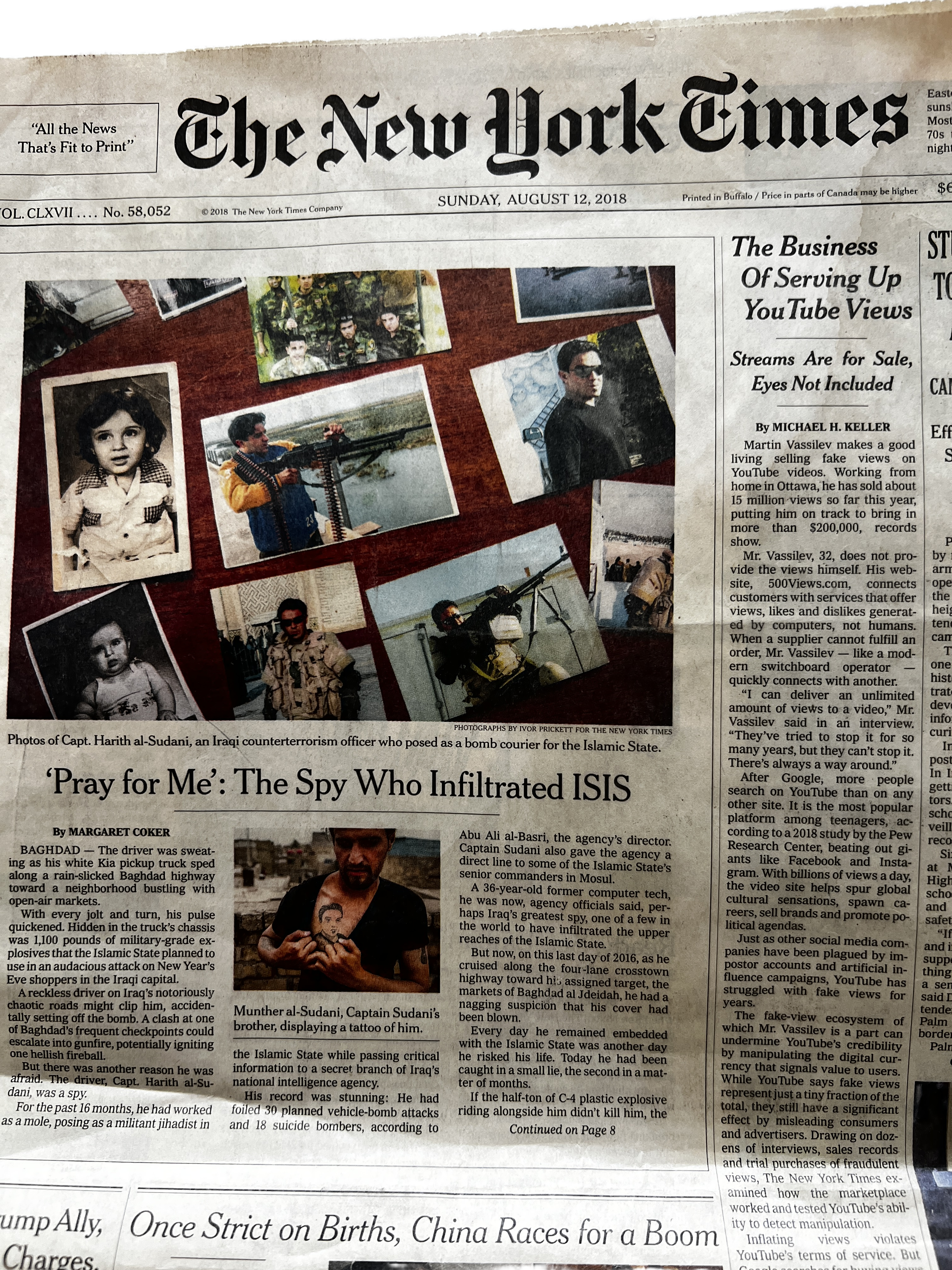 Photograph of the front page of the August 12, 2018 New York Times Sunday print edition